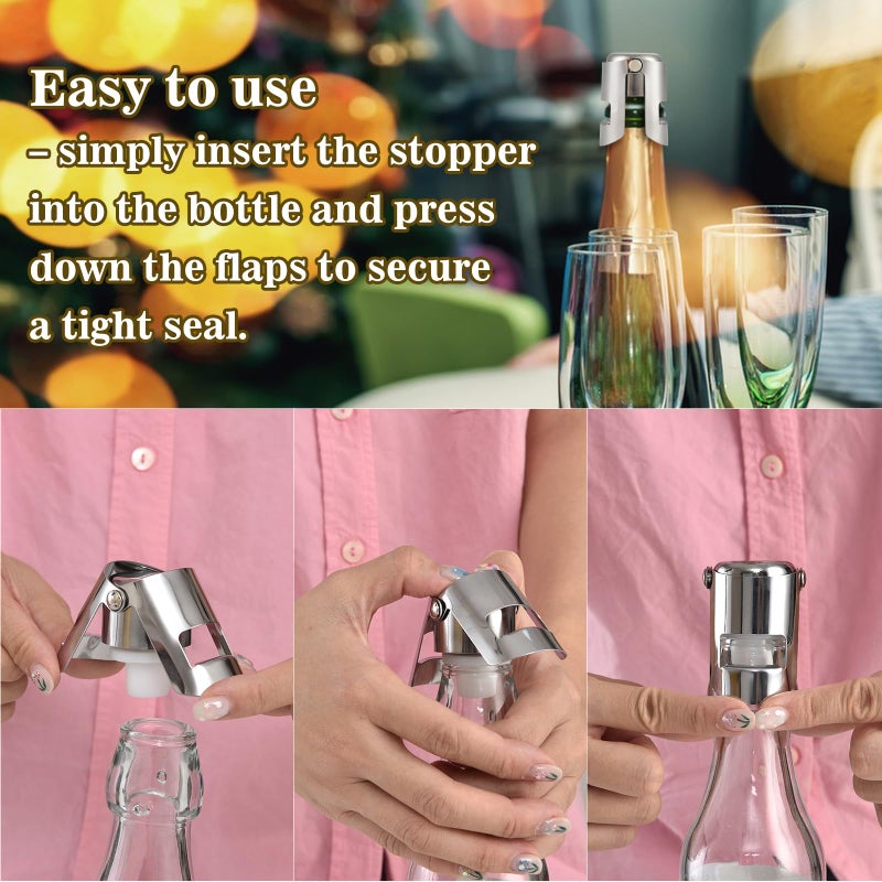 I-MART Pack of 6 Stainless Steel Champagne Stoppers, Prosecco, Sparkling Wine Bottle Stopper, Cork - Image 3